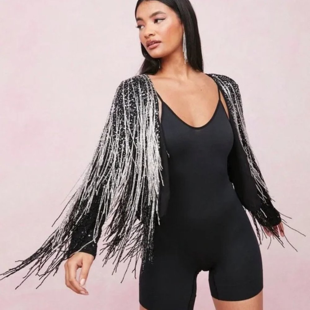 NWT Nasty Gal Tassel Beaded Metallic Silver Fringe Jacket